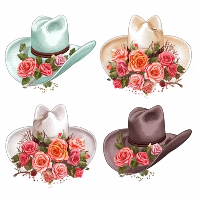 clipart, vector, 4 cowgirl hats with roses, separate each element, white background.