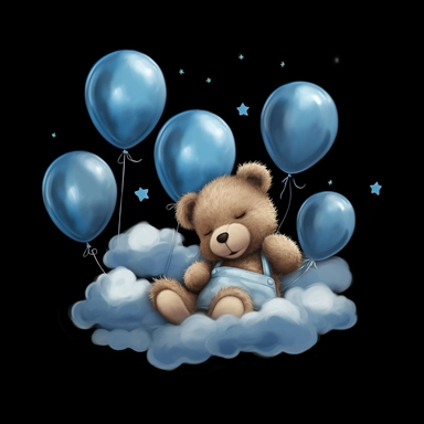 a smiling sleeping brown baby teddybear laying on a cloud, wearing a blue bib, tied in blue and white balloons, clipart, black background