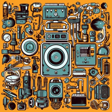 clipart of various electronic devices, in the style of mechanized abstraction, interlocking shapes, alchemical symbolism, creative commons attribution, steampunk inspiredimage of some type of devices, in the style of interlocking archetypal symbols, molecular, robotic motifs, symbolic nabis