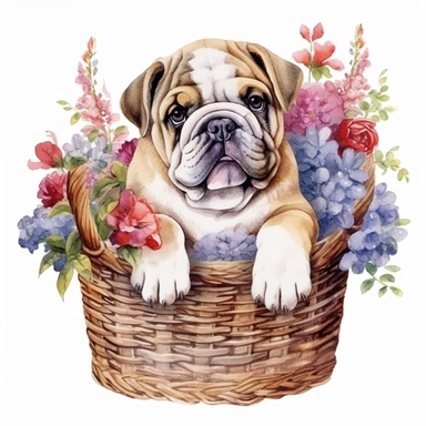 clipart watercolor, very cute english Bulldog puppy, sitting in a basket with flowers, full body, childlike, free brushwork, white background, high solution
