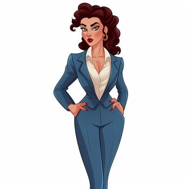 full body perspective 2d disney clipart illustration of a pretty business woman, thick-outlined, white background