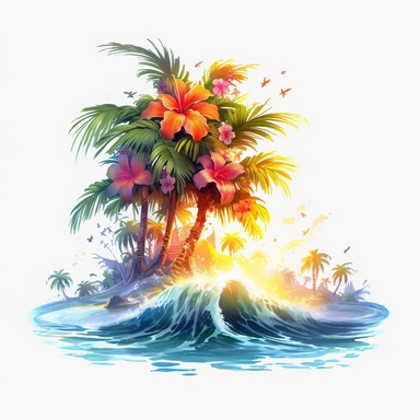 print artwork of majestic palm tree in digital painting style, sunset on the Paradise Island, beautiful flowers, big sea waves, water splashes, white background, colorful fantasy flower sorround, highly detailed clean, vector image, photorealistic masterpiece, professional photography, realistic, flat white background, isometric, vibrant vector, clipart, illustration, realism, 4k, , cinematic, front view, white background,