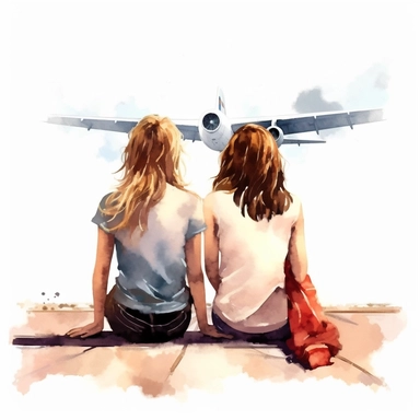 2 beautiful girls best friend sitting together back view illustration clipart,Airplane in the sky, detailed, white background, illustration painting, digital art, 8k, hd, watercolor ar 3:4