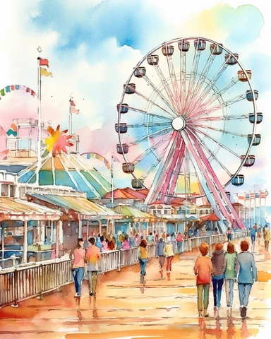 professional high quality clipart design of watercolor and ink New Jersey boardwalk scene with ferris wheel, cotton candy, and art nouveau details, professional clipart, closeup shot, bright pastel color palette of pink, lavender, teal blue, and light orange and pale green, epic composition on white background,