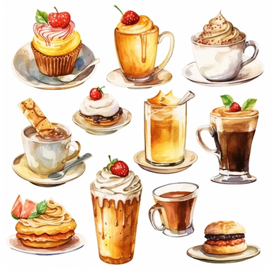 high detail watercolor golden clipart white background different cafe drinks, treats, cakes and snacks