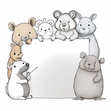 a group of small animals holding a big blank sign, for a storybook illustration, clipart, pencil lines, white frame border, classroom, character sheet, free spaces, isolate, one line, draft, featureless
