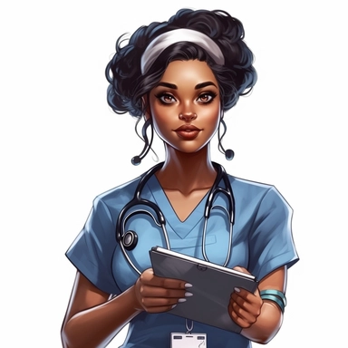 UHD, 8k, illustration postcard, cartoon clipart of an RN with a stethoscope around her neck, holding a clipboard, epic facial expression, up-close, isolated on a white background, aspect 7:4