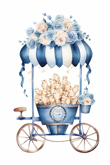 Watercolor wedding popcorn blue machine, wedding clipart, simple, soft colors, cartoon elements, watercolor boho style, white transparent