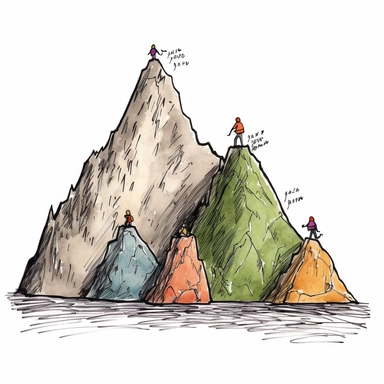 2d handdrawn clip art of a stick figure man attempting to scale a mountain with 5 peaks, each one bigger than the last. there are challenges and dangers along the way. kind of like a storybook picture