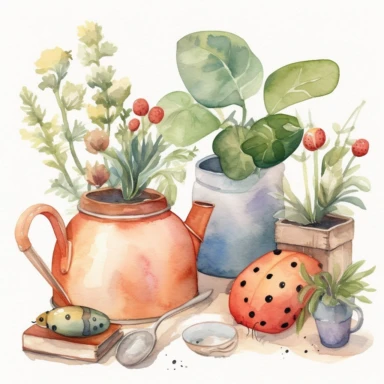spring time watercolor storybook illustrations clipart set, ladybirds watercolor, white background, simple, soft colors, boho, minimalism ,garden tools accessories ,balloons, wooden pots , ladybirds