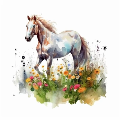 detailed watercolor clipart, photography style, beautiful horse, in a meadow, full body, spring floral,self shadow, white background