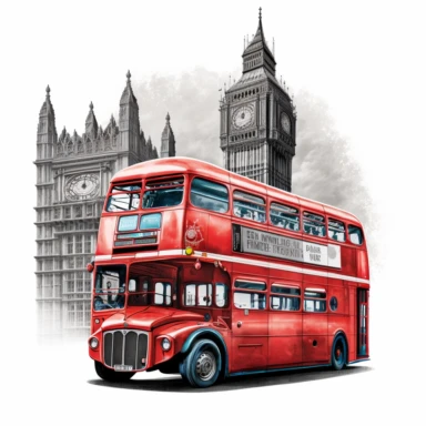 vibrant london red bus drviving past Houses of Parliament detailed colourpencil drawing clipart svg white background