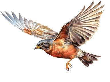 Redwing flying Watercolor isolated on white background, Watercolor Clipart painting, high quality, HD, children's book illustrations, realistic lifelike figures, white background