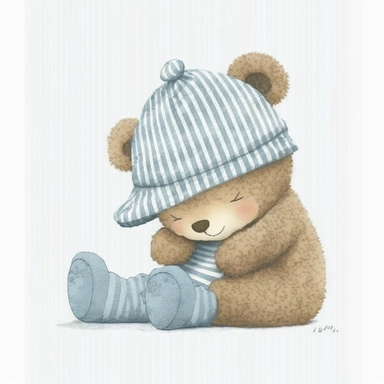 an ultra Cute little newborn baby teddy bear wearing pyjamas, #475F94 dusky blue shabby chic traditional classic striped pyjamas a bedtime hat and slipper shoes, watercolour, cute,, bedtime, sleepy, dreamy, isolated on white background, Clipart