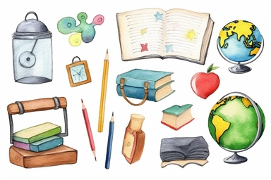 minimalistic clipart set access back to school watercolor clipart, globe, Cute kawaii sticker