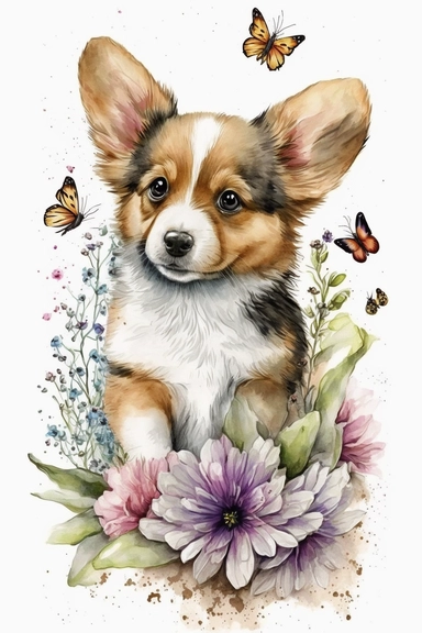 Adorable chiot jouant avec papillon et fleurs : Clipart aquarelle,réalisé félin mignon, utilisation commerciale, 300 DPI, Art mural, fabrication de cartes,
