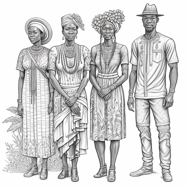 four nigerian villager african male and female village couples standing tall and dignified, coloring page for adults, no color, crisp lines, coloring pages for adults, think lines, clipart, vector, full body, no shading, full body, realistic, 8k, detailed