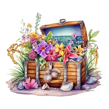 clipart, isolated on white background, Watercolor spring treasure chest with jewelry on the beach, detailed, flowers and plants, ornated, vivid and vibrant and saturated colors