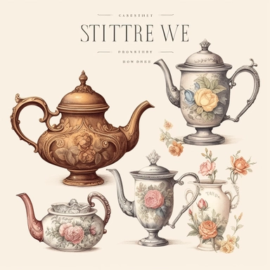 Create a remarkable collection of ultra-detailed clipart featuring beautiful arrangements in tea pots. Each illustration should showcase the timeless elegance of antique tea pots adorned with delicate floral arrangements. Pay meticulous attention to detail, capturing the intricate patterns, textures, and curves of the tea pots. Incorporate a variety of flowers, such as roses, lilies, and daisies, to add a touch of natural beauty and romance. This premade clipart is perfect for wedding invitation