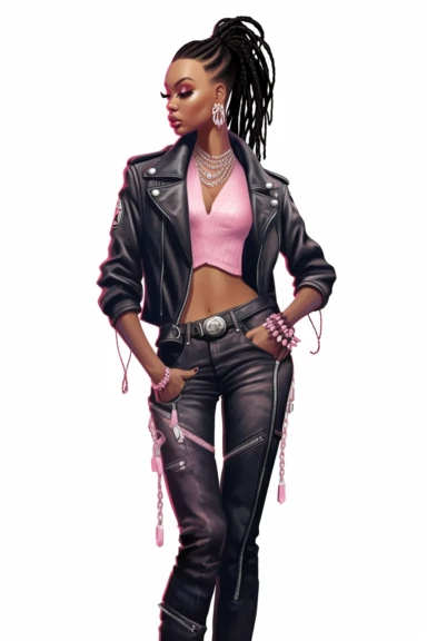 Illustration detailed clip art illustration on a white background, pose full length model black woman Musier Paris Kelsey biker jacket and chocker with body jewelry, long thick braided hair, cute nose, makeup, lips fashion pink, elegant classy, shiny colors, hyper details sticker art, elegant, modeling,
