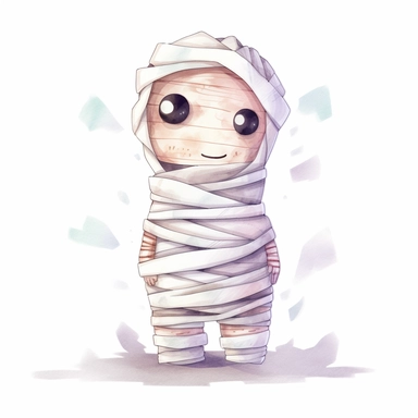 complex watercolor illustration of adorable cute humanoid figure mummy covered in white bandages isolated kawaii,concept,art,8k,hd,kawaii,detailed,white backround,clipart