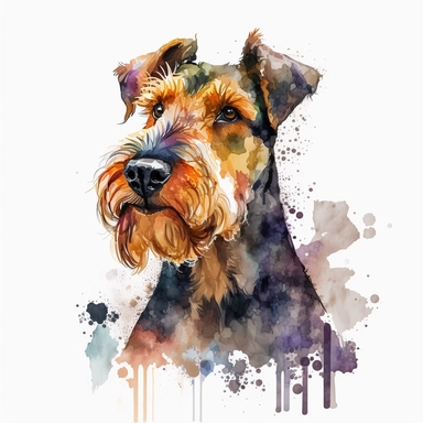 Generate an image of a Airedale Terrier dog Clipart in watercolor style on a white background