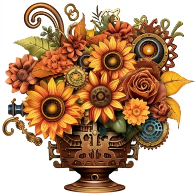 Immerse yourself in the whimsical world of steampunk and create a collection of vibrant and attention-grabbing steampunk floral arrangements clipart. Utilize a mixed media approach, combining traditional and digital techniques to achieve a unique and visually striking result. Incorporate steampunk elements such as gears, cogs, and vintage machinery, seamlessly blending them with the organic beauty of flowers and foliage. Draw inspiration from artists like Gustave Doré and H.R. Giger, infusing th