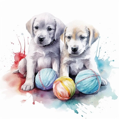 Watercolor puppies playing, with ball of wool Clipart - cute dogs , Colour of blacka and silver, white background, vector art, high definition, clip art, ar 2:2