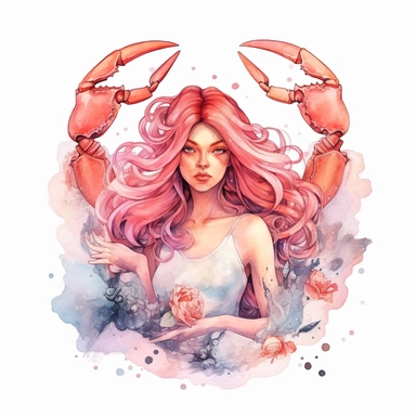 cancer zodiac sign, crab , symbols, element symbols, goddess women watercolor, boho zodiac sign, clipart, dreamy, epic, powerfull, mystic, white background, detailed, 8k