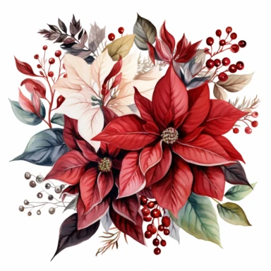 A isolated watercolor clipart, christmas red poinsettia bouquet, white background, Art Nouveau, highly detailed,