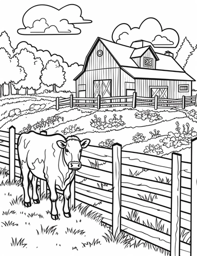 Country Farm Coloring Book for adults, black and white, Rustic wooden fence surrounding a pasture, simple clipart, illustration, line art, thick outline, black outline and white fill,