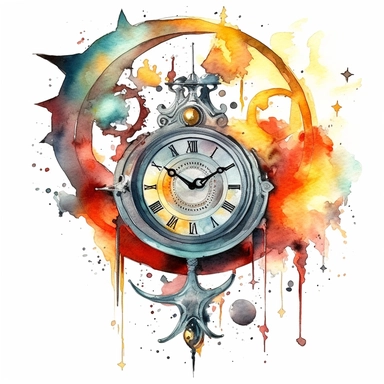 clipart watercolor creepy magic clock with crescent moon and stars, red yellow silver color style, fantasy, detailed, white background, illustration painting, collaged constructions, digital art, in the style of sculptural and geometric, forced perspective drawings, Geometric brushstrokes form an intriguingly abstract, painterly figure