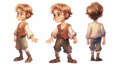 Watercolor , illustrations clipart, character sheet ,cute little boy  Hansel EDIM ( hansel character from the hansel and gratel fairy tale) in poor clothing, various emotions--seed 900