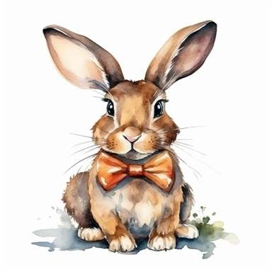 Delightful brown bunny with a bowtie, watercolor, clipart, on isolated on white background.