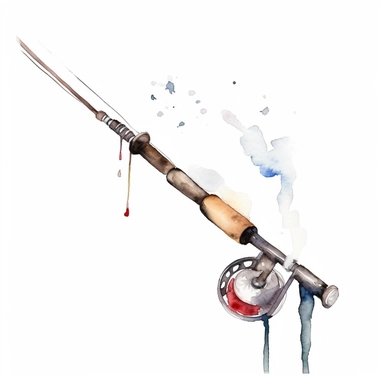 Watercolor fishing pole clipart, white isolated background, space out, hd