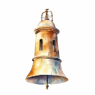 watercolor Clip art of light tower Bell, simple, white background, Beautiful margins, large margins, by Helen Beatrix Potter, easy to crop image, Natural light, 4k, HDR