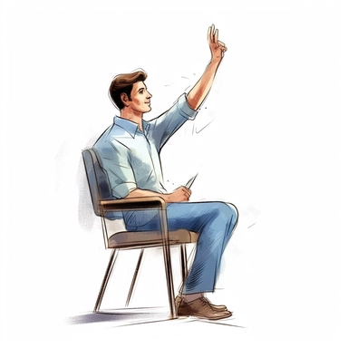 clipart, simple, white background, guy sitting on seat, boy putting up hand in classroom