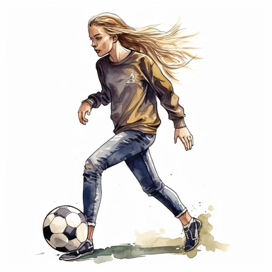 Watercolour of a teenage girl playing football , Clipart,Cartoon,hyper realistic, intricate detail isolated on a white background, high quality, sublimation, detailed, cartoon style