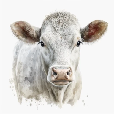 detailed watercolour 4k cute white cow old adult big cow face clipart white background