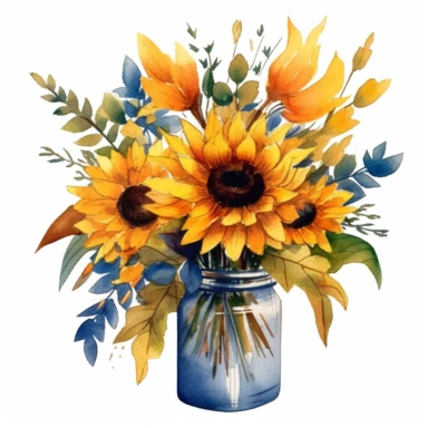 Design a captivating watercolor clipart featuring a sunflower floral bouquet arranged in a charming jar. Create delicate and vibrant sunflowers with intricate details using watercolor techniques. Arrange the sunflowers in a way that showcases their natural beauty and radiance, complemented by lush greenery and artistic flourishes. Incorporate artistic elements such as brushstrokes, splatters, or hand-drawn patterns to add a touch of creativity and visual interest to the clipart. Ensure that the 