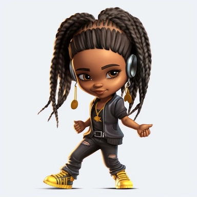 A black chibi girl is dancing hip hop 3d PNG, Black hip hop girl png, Afro fashion girl black clipart, double Dreadlock black girl png, magic black girl