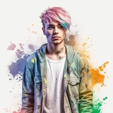 young man multicolor hair ,fantasy, looking in the camera, eye contact, full body, fairytale dreamlike, clipart with watercolor splash background, with transparent background, hyper realistic, professional photography, super detailed