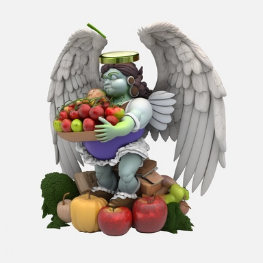 3D Angel Cartoon in the form of vegetables and fruits with many many wings and one halo clipart mascot , with a transparent background, 128K super mega pixel, insane detail, hyper-detailed, with huge details, UHD, 8K
