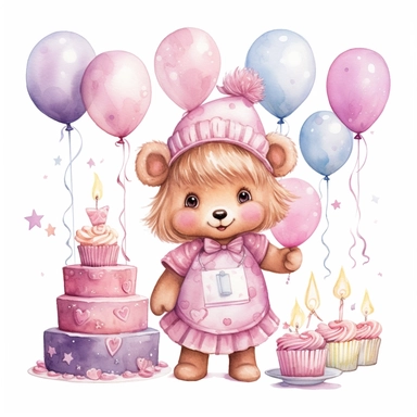 Clipart image, baby girl birthday party, clothes for princess, mix of poses and expressions, cakes, balloon, bear plushies, space out, cute, little princess, white pink inspired, white background