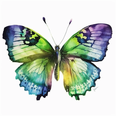 watercolor butterfly clipart, exotic flying butterfly, full green, bright color, no outlines, white background, no text