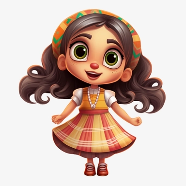 A cute little gril dressed for a mexican party, singing, plaid round long dress, Monica's gang style, Graphics Maurício de Sousa, on white background, big eyes, clipart, cartoon, inkley studio, smiling, outlines