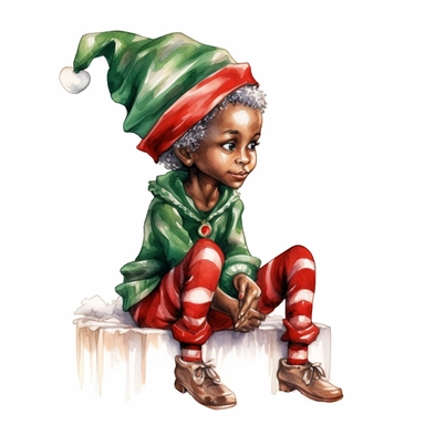 Christas elf red green christas clothes black skin in a sitting position clipart, water color illustration, mary cecily baker style