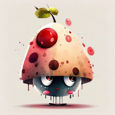cute abstract watercolour cherry, pixar style, with a pointy fairytale like hat, confused funny big cute eyes, hd, intricate details, clipart