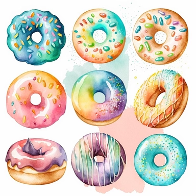 6 Watercolor doughnuts clipart, hd, isolated on white background, spaced out ar 3:2 s1000