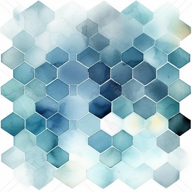 watercolor style, hexagon hive grid, semi-transparent splash in very faded dusty blue hues, etheral, very light, barely visible colors, almost transparent, clipart isolated on white background, 4K